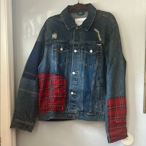 Denim Jacket with Red Plaid Accents